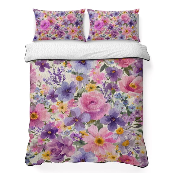 King Quilt Set 96''x106'', Farmhouse Flowers Lightweight Bedspread Coverlet with 2 Pillow Shams, Spring Watercolor Purple Pink Floral Beige Breathable All Season Quilt Bedding for Bedroom/Guest Room