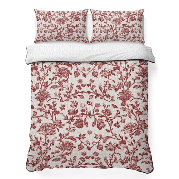 King Quilt Set 96''x106'', Farmhouse Red Lightweight Summer Bedspread Coverlet Set with 2 Pillow Shams, Vintage Flower Leaf Botanical Plant Breathable All Season Quilt Bedding for Bedroom/Guest Room