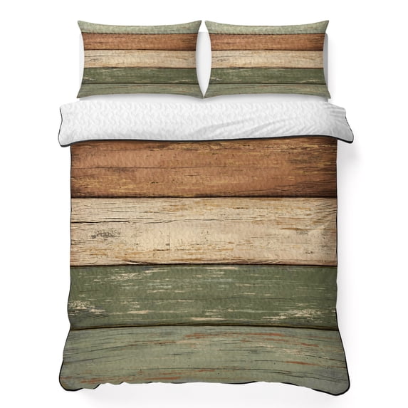 King Quilt Set 96''x106'', Farmhouse Sage Green Brown Lightweight Summer Bedspread Coverlet Set with 2 Pillow Shams, Vintage Wooden Striped Breathable All Season Quilt Bedding for Bedroom/Guest Room