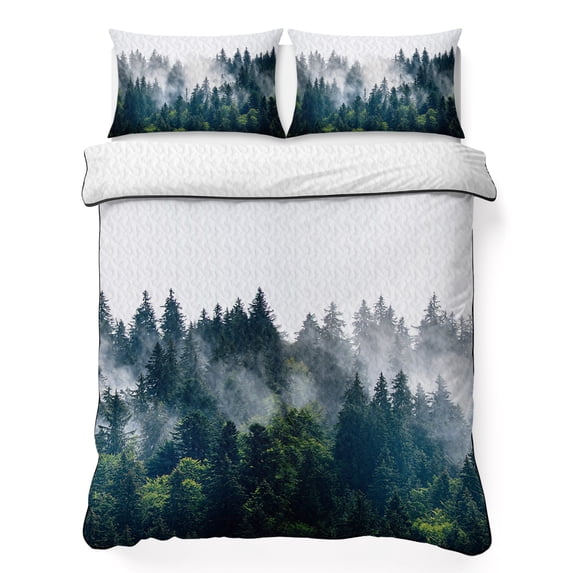 King Quilt Set 96''x106'', Green Forest Lightweight Summer Bedspread Coverlet Set with 2 Pillow Shams, Natural Landscape Modern Abstract Art Breathable All Season Quilt Bedding for Bedroom/Guest Room