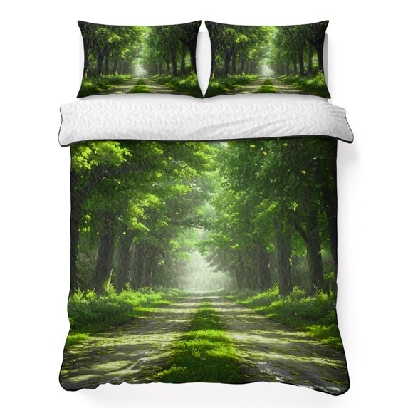 King Quilt Set 96''x106'', Green Trees Lightweight Bedspread Coverlet Set with 2 Pillow Shams, Forest Art Decor Spring Summer Nature Leaf Breathable All Season Quilt Bedding for Bedroom/Guest Room