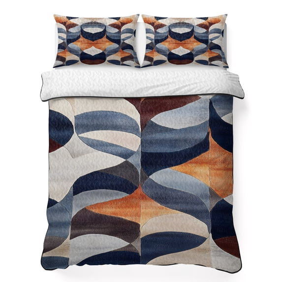 King Quilt Set 96''x106'', Navy Blue Burnt Orange Lightweight Summer Bedspread Coverlet Set with 2 Pillow Shams, Retro Geometric Abstract Breathable All Season Quilt Bedding for Bedroom/Guest Room