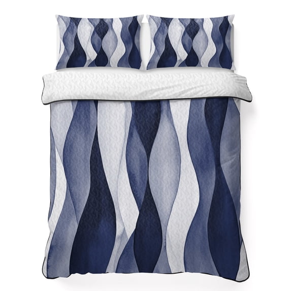 King Quilt Set 96''x106'', Navy Blue Lightweight Summer Bedspread Coverlet Set with 2 Pillow Shams, Modern Moire Abstract Ripple Geometric Breathable All Season Quilt Bedding for Bedroom/Guest Room