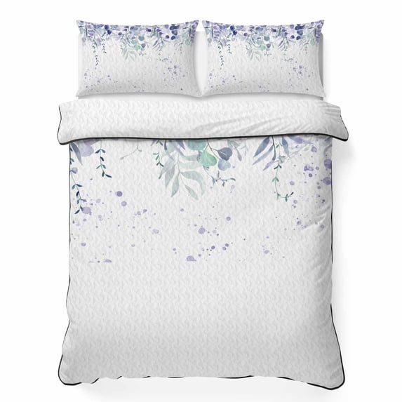 King Quilt Set 96''x106'', Purple Botanical Lightweight Summer Bedspread Coverlet Set with 2 Pillow Shams, Spring Weeping Eucalyptus Leaves Breathable All Season Quilt Bedding for Bedroom/Guest Room