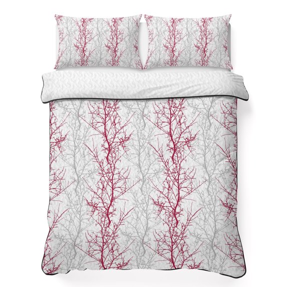King Quilt Set 96''x106'', Red Grey Branch Lightweight Summer Bedspread Coverlet Set with 2 Pillow Shams, Spring Summer Pastoral Botanical Breathable All Season Quilt Bedding for Bedroom/Guest Room