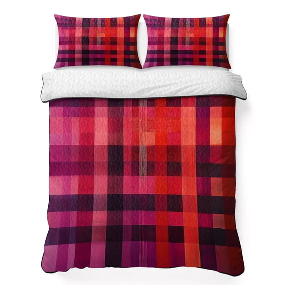 King Quilt Set 96''x106'', Red Purple Lightweight Bedspread Coverlet Set with 2 Pillow Shams, Modern Striped Plaid Abstract Oil Painted Breathable All Season Quilt Bedding for Bedroom/Guest Room