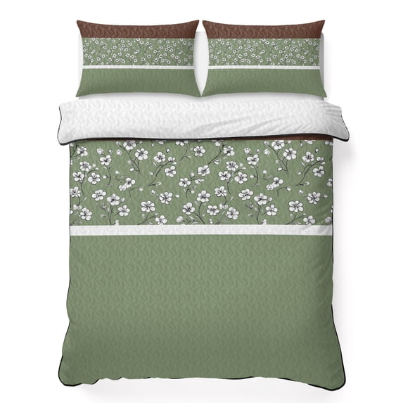King Quilt Set 96''x106'', Sage Green Brown Flowers Lightweight Bedspread Coverlet Set with 2 Pillow Shams, Classic Botanical Art Elegant Breathable All Season Quilt Bedding for Bedroom/Guest Room