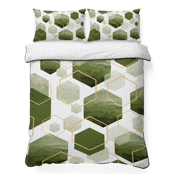 King Quilt Set 96''x106'', Sage Green Marble Lightweight Bedspread Coverlet Set with 2 Pillow Shams, Gold White Geometric Hexagon Modern Breathable All Season Quilt Bedding for Bedroom/Guest Room