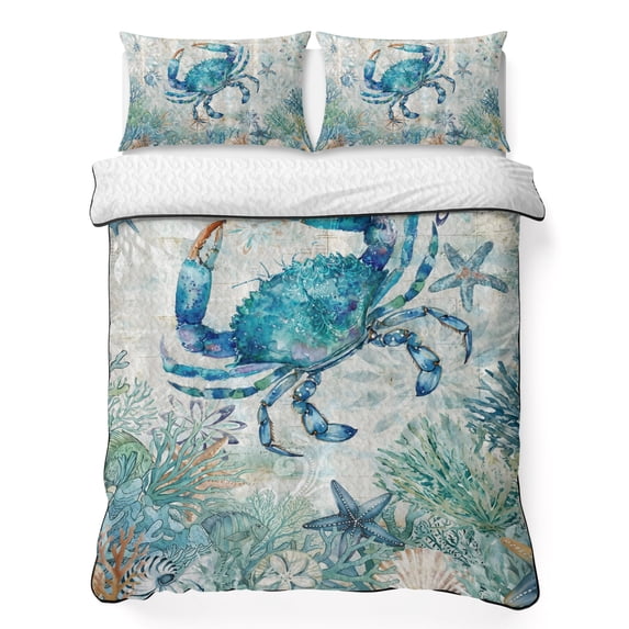 King Quilt Set 96''x106'', Teal Crabs Coastal Lightweight Bedspread Coverlet Set with 2 Pillow Shams, Summer Beach Coral Nautical Ocean Breathable All Season Quilt Bedding for Bedroom/Guest Room