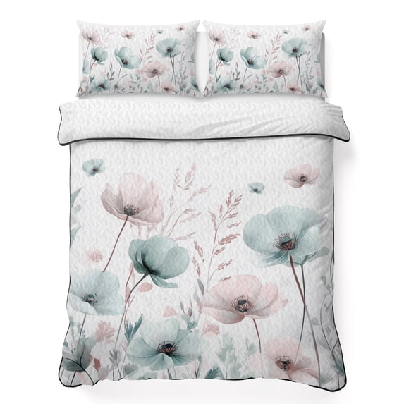King Quilt Set 96''x106'', Teal Pink Spring Floral Lightweight Bedspread Coverlet Set with 2 Pillow Shams, Summer Botanical Watercolor Breathable All Season Quilt Bedding for Bedroom/Guest Room