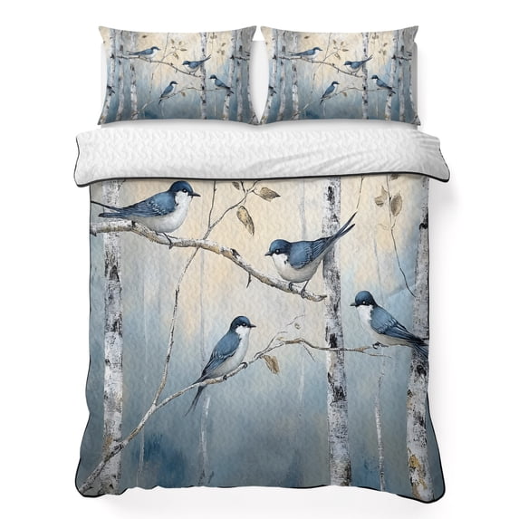 King Quilt Set 96''x106'', Tree Birds Lightweight Bedspread Coverlet Set with 2 Pillow Shams, Spring Forest Oil Painting Modern Animal Breathable All Season Quilt Bedding for Bedroom/Guest Room