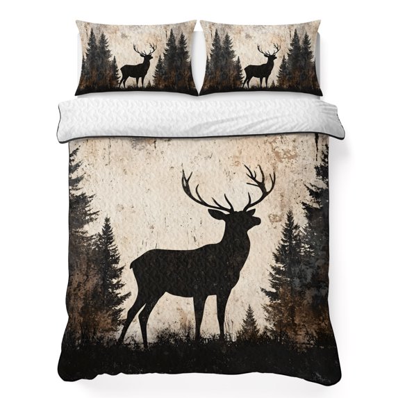 King Quilt Set 96''x106'', Vintage Forest Deer Lightweight Bedspread Coverlet Set with 2 Pillow Shams, Rustic Country Wildlife Woodland Breathable All Season Quilt Bedding for Bedroom/Guest Room