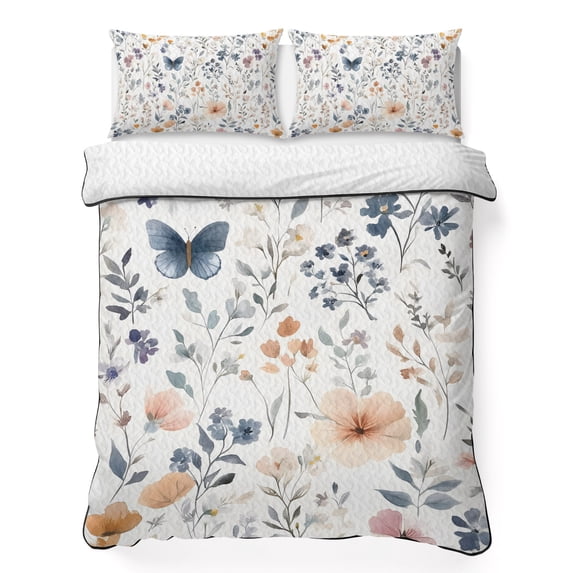 King Quilt Set 96''x106'', Watercolor Flower Lightweight Bedspread Coverlet Set with 2 Pillow Shams, Spring Farm Leaf Country Retro Plant Breathable All Season Quilt Bedding for Bedroom/Guest Room