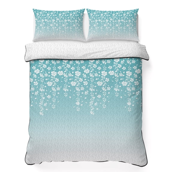 King Quilt Set 96''x106'', Weeping Flowers Lightweight Bedspread Coverlet Set with 2 Pillow Shams, Teal Ombre Spring Floral Botanical Art Breathable All Season Quilt Bedding for Bedroom/Guest Room