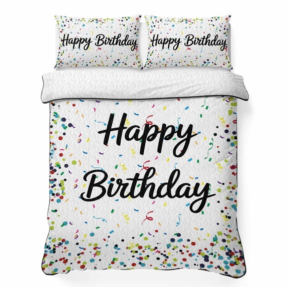 King Quilt Set 96''x106'', White Birthday Lightweight Bedspread Coverlet with 2 Pillow Shams, Colorful Confetti Ribbons Polka Dots Classroom Breathable All Season Quilt Bedding for Bedroom/Guest Room