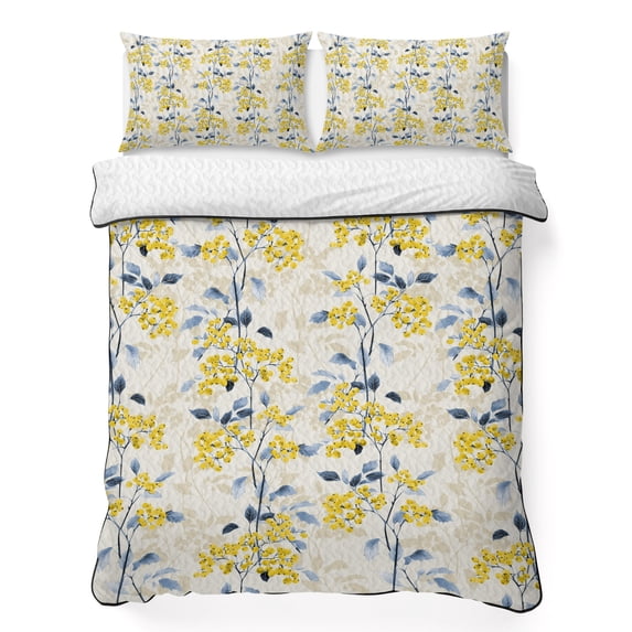 King Quilt Set 96''x106'', Yellow Blue Spring Floral Lightweight Bedspread Coverlet Set with 2 Pillow Shams, Summer Botanical Farmhouse Breathable All Season Quilt Bedding for Bedroom/Guest Room