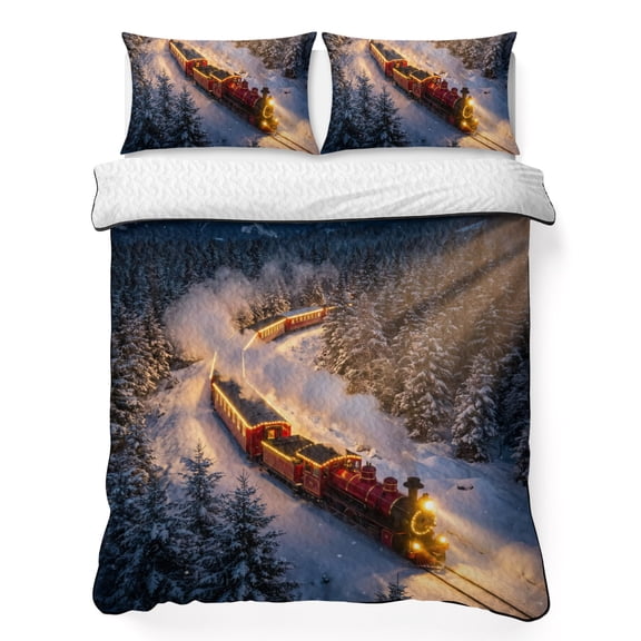 King Quilt Set, Christmas Steam Train Lightweight Quilt Sets Summer Comforter Coverlets with 2 Pillow Shams, Winter Snow Forest Breathable 3 Piece Bedding Set for All Seasons