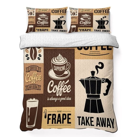 King Quilt Set, Coffee Beans Vintage Cappuccino Lightweight Quilt Sets Summer Comforter Coverlets with 2 Pillow Shams, Retro Cafe Theme Breathable 3 Piece Bedding Set for All Seasons