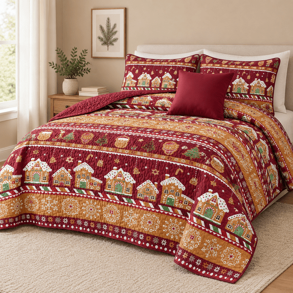 King Quilt Set Red Brown Gingerbread House Holiday Bedspread King Size