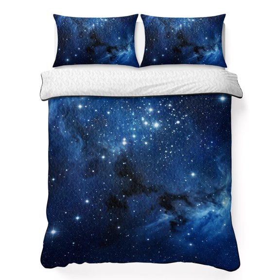 King Quilt Set, Stars Starry Sky Deep Blue Lightweight Quilt Sets Summer Comforter Coverlets with 2 Pillow Shams, Cosmic Breathable 3 Piece Bedding Set for All Seasons