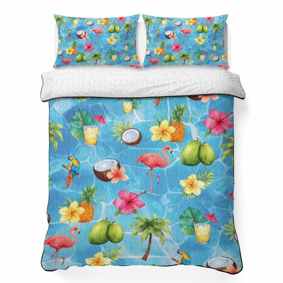 King Quilt Set, Tropical Flamingo Coconut Pineapple Lightweight Quilt Sets Summer Comforter Coverlets with 2 Pillow Shams, Summer Fruit Flower Leaf Breathable 3 Piece Bedding Set for All Seasons