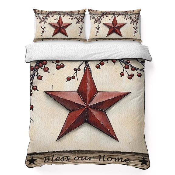 King Quilt - Soft Microfiber Summer Quilt with 2 Pillow Shams, Red Texas Star Rustic Lightweight Breathable Bedding Comforter Sets, Country Star Berries Wooden Quilted Bedspread for All Season