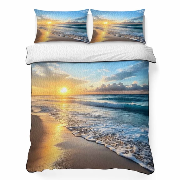 King Quilt - Soft Microfiber Summer Quilt with 2 Pillow Shams, Summer Beach Lightweight Breathable Bedding Comforter Sets, Sunset Ocean Coastal Nautical Quilted Bedspread for All Season
