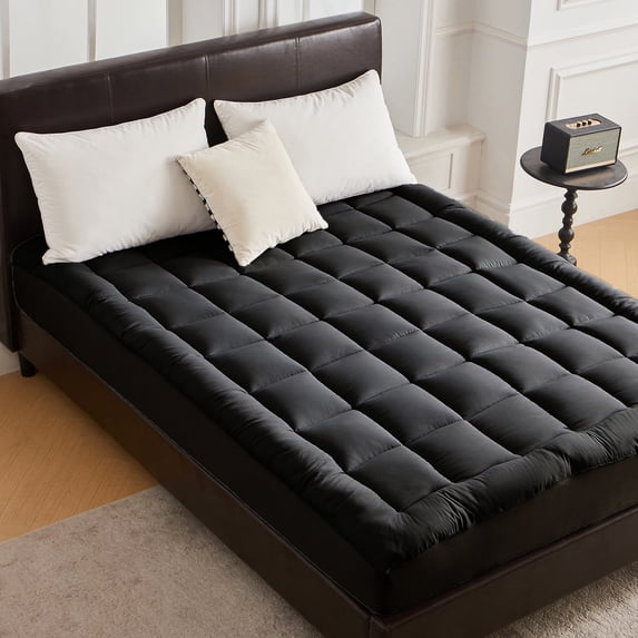 King Quilted Mattress Topper – Soft Pillow Top Fitted Mattress Pad, Down Alternative Fill, Cooling Comfort Breathable Mattress Cover, Machine Washable Deep Pocket Mattress Protector, Black