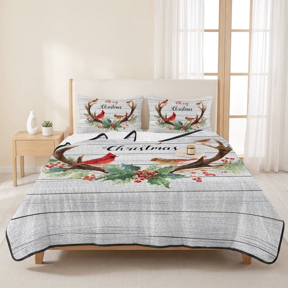 King Quilts Bedding Set,Antlers Christmas Cardinal Bird Red Berry Soft Warm Quilted Bedspread Comforter with Pillow Shams,Farm Vintage Wood Board All Season Coverlet Bed Decor Blankets