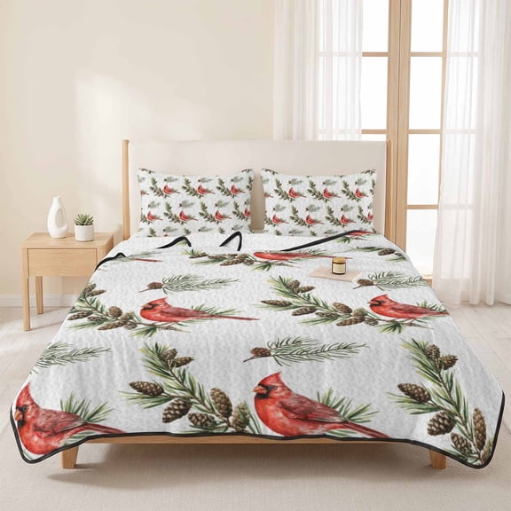 King Quilts Bedding Set,Christmas Cardinal Bird Soft Warm Quilted Bedspread Comforter with Pillow Shams,Pine Cones Green Leaves All Season Coverlet Bed Decor Blankets