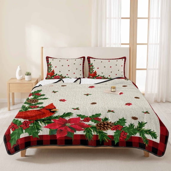 King Quilts Bedding Set,Christmas Cardinal Poinsettia Soft Warm Quilted Bedspread Comforter with Pillow Shams,Winter Bird Flower Linen Plaid All Season Coverlet Bed Decor Blankets