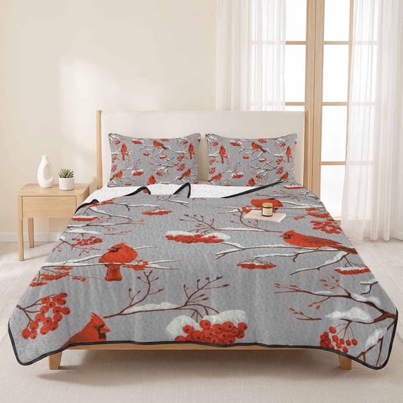 King Quilts Bedding Set,Christmas Cardinal Winter Snowflake Soft Warm Quilted Bedspread Comforter with Pillow Shams,Country Berry on Gray All Season Coverlet Bed Decor Blankets