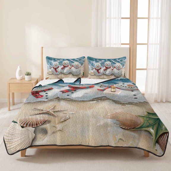 King Quilts Bedding Set,Christmas Snowman Beach Starfish Shells Soft Warm Quilted Bedspread Comforter with Pillow Shams,Xmas Ocean Theme All Season Coverlet Bed Decor Blankets