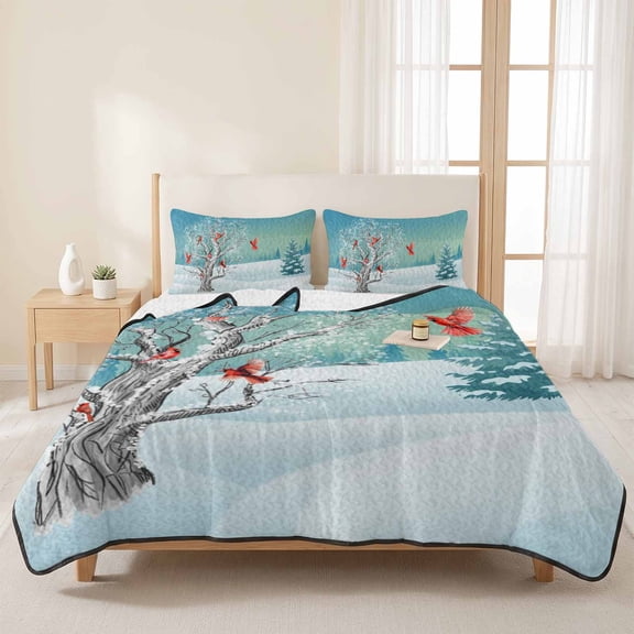 King Quilts Bedding Set,Christmas Tree Cardinal Bird Soft Warm Quilted Bedspread Comforter with Pillow Shams,Winter Snowy Season All Season Coverlet Bed Decor Blankets