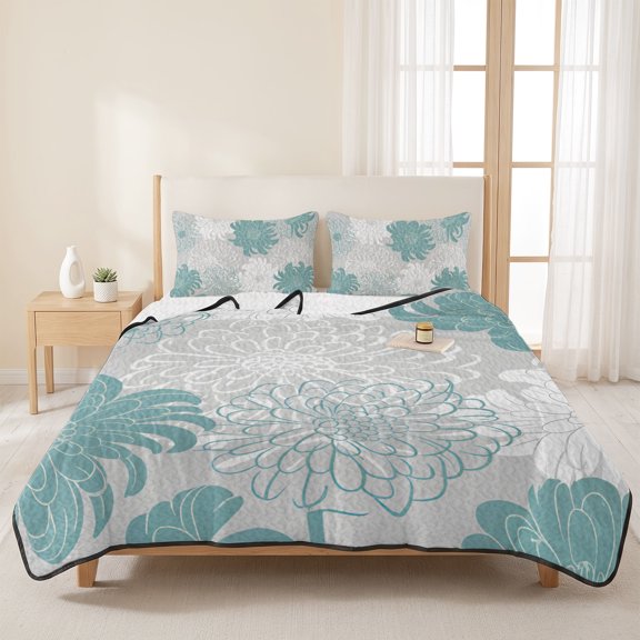 King Quilts Bedding Set,Country Dahlia Teal Flower Soft Warm Quilted Bedspread Comforter with Pillow Shams,Abstract Floral on Grey All Season Coverlet Bed Decor Blankets