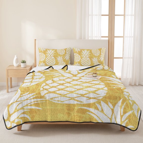 King Quilts Bedding Set,Farm Pineapple Fruit Seamless Soft Warm Quilted Bedspread Comforter with Pillow Shams,Yellow Watercolor All Season Coverlet Bed Decor Blankets
