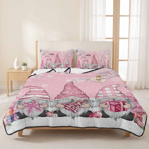 King Quilts Bedding Set,Pink Gnome Christmas Tree Snowflake Soft Warm Quilted Bedspread Comforter with Pillow Shams,Winter Snow Branch Bird All Season Coverlet Bed Decor Blankets