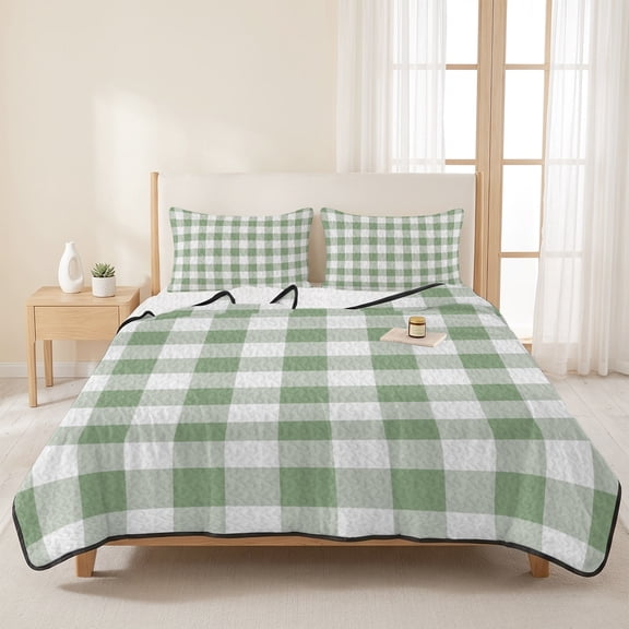 King Quilts Bedding Set,Sage Green Buffalo Plaid Soft Warm Quilted Bedspread Comforter with Pillow Shams,Country Gingham Check All Season Coverlet Bed Decor Blankets