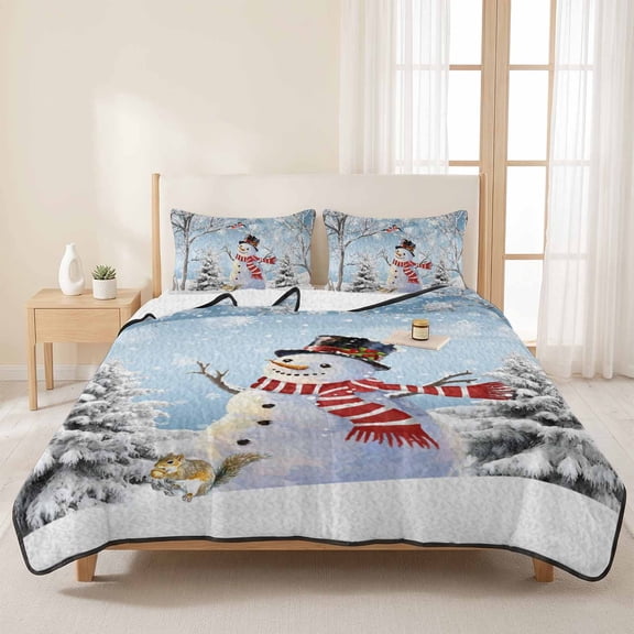 King Quilts Bedding Set,Snowman Christmas Tree Blue Gradient Soft Warm Quilted Bedspread Comforter with Pillow Shams,Snow Branch Bird All Season Coverlet Bed Decor Blankets