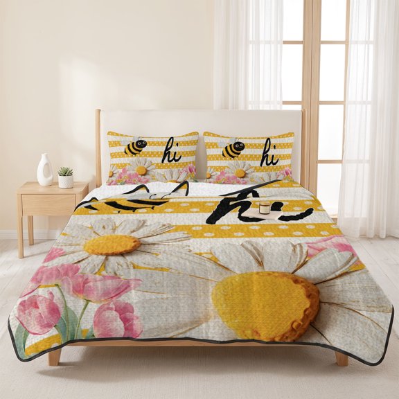 King Quilts Bedding Set,Spring Bees Pink Tulips Daisy Flower Soft Warm Quilted Bedspread Comforter with Pillow Shams,Vintage Yellow Stripe All Season Coverlet Bed Decor Blankets