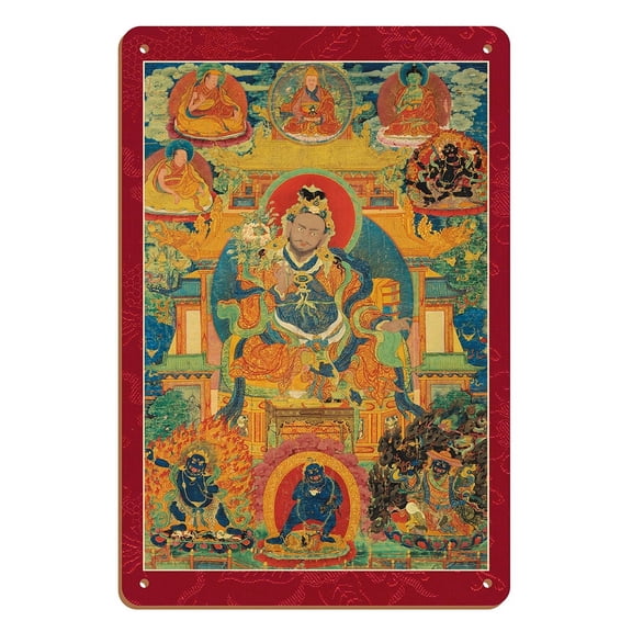 King Ralpachen - 41st King of Tibet (circa 806) - Vintage Tibetan Thangka Buddhist Painting - Tibet, 18th Century - 8 x 12 inch Vintage Wood Art Sign