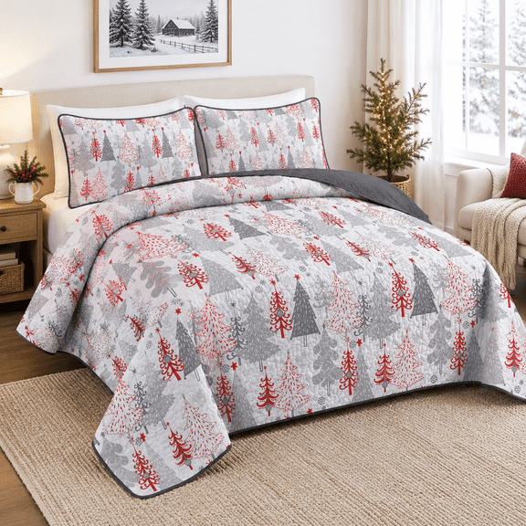 King Red Christmas Tree Pattern Microfiber Quilt Set with Pillow Shams