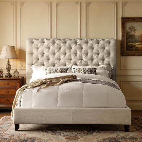 King Roll Head Bed Frame  Fabric Upholstered Chesterfield-Style Bed Frame with Adjustable Headboard, Wood Slat Support, Easy Assembly, Linen Beige