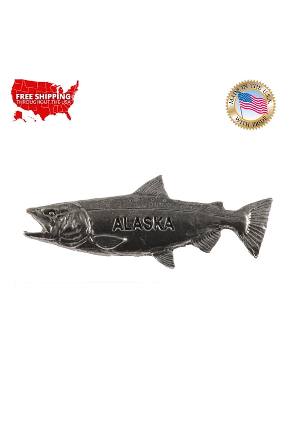 King Salmon Pin, Chinook, Tyee, Alaska, Pewter, Metal, Hat, Lapel, Brooch, Pins, Jewelry, Made in USA, Over 200 Fish Designs Available. Creative Pewter Designs. A600