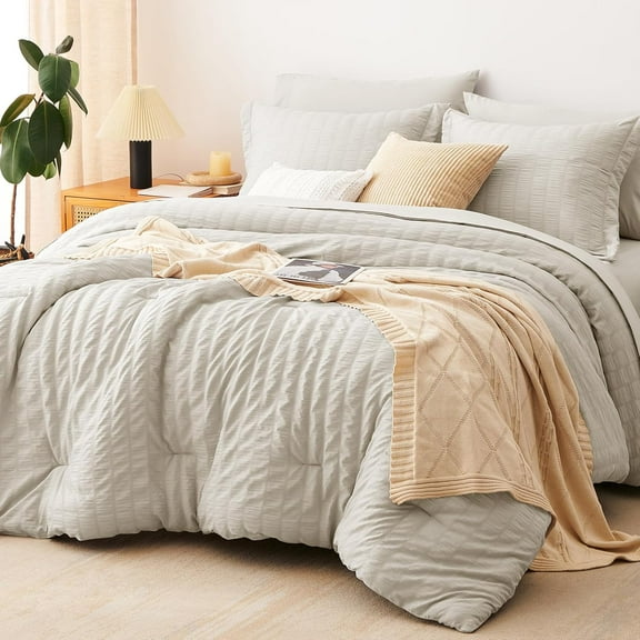 King Seersucker Comforter Set with Sheets Beige Bed in a Bag 7-Pieces All Season Bedding Sets with Comforter, Pillow Sham, Flat Sheet, Fitted Sheet, Pillowcase
