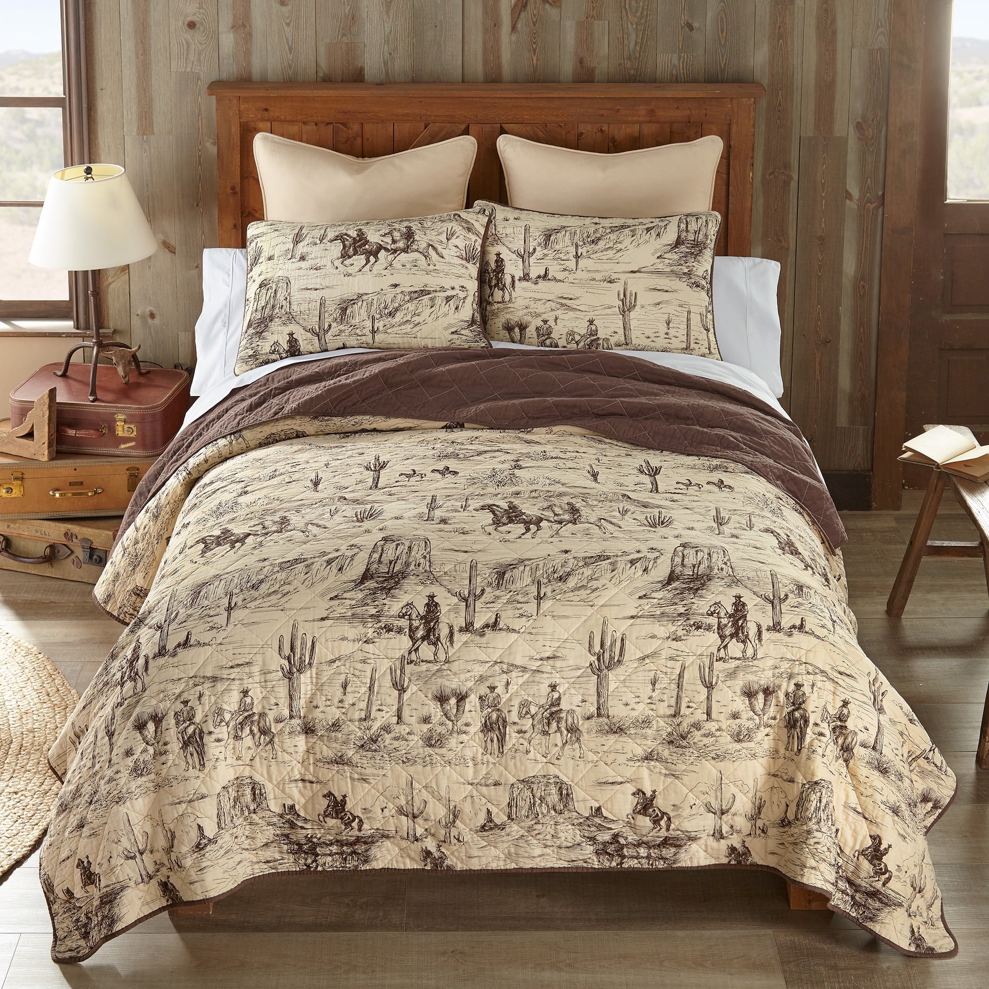 King Size Rustic Brown Cotton Cowboy Quilt Set