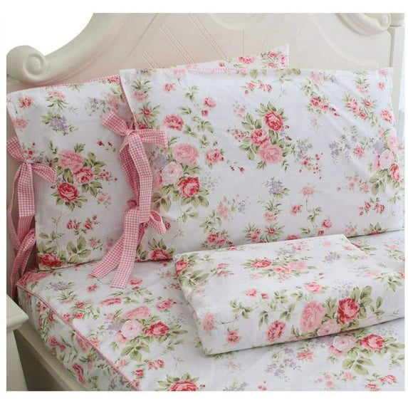 King Set Pink Rose Floral Bed Sheets 4-Piece Size Cotton Bed Sheets for Girl Teens Room Cute Shabby Chic Room Decoration