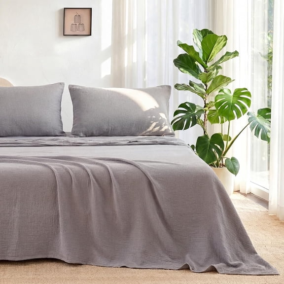 King Sheet Set 100% Cotton Bed Sheets Gauze 4 Pcs Grey King Muslin Sheets Set 16" Deep Pocket Sheet & Pillowcase Sets Breathable Boho Soft Bedding Sets for All Season