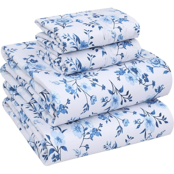 King Sheet Set - 4 Piece 100% Cotton Percale Bedding, Soft & Breathable Deep Pocket Botanical Floral Sheets