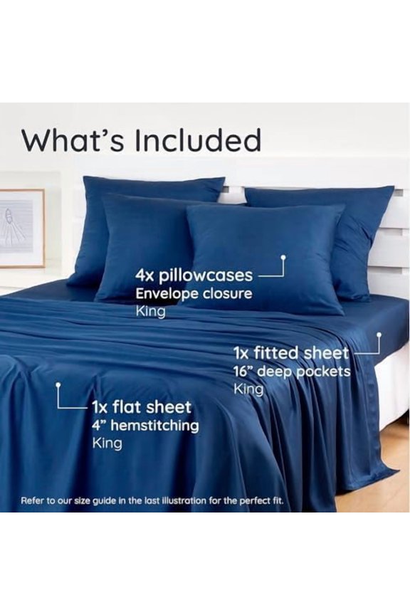 King Sheet Set 6pcs – 100% Viscose Derived from Bamboo Sheets, Buttery Soft Bed Sheets, Cooling Sheets for Hot Sleepers, King Bed Sheets with Corner Straps, Fits Up to 16'' (Navy Blue)